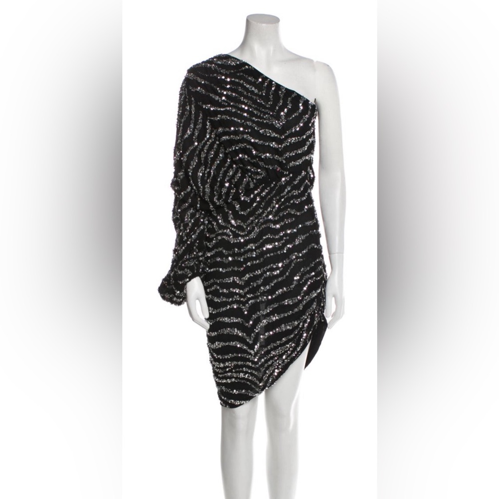 Jay Godfrey Everett Black One Shoulder Dress with Silver Sequins